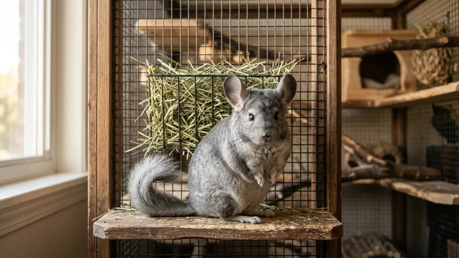 A chinchilla animal sitting alert on a wooden ledge inside its tall metal and wood cage.