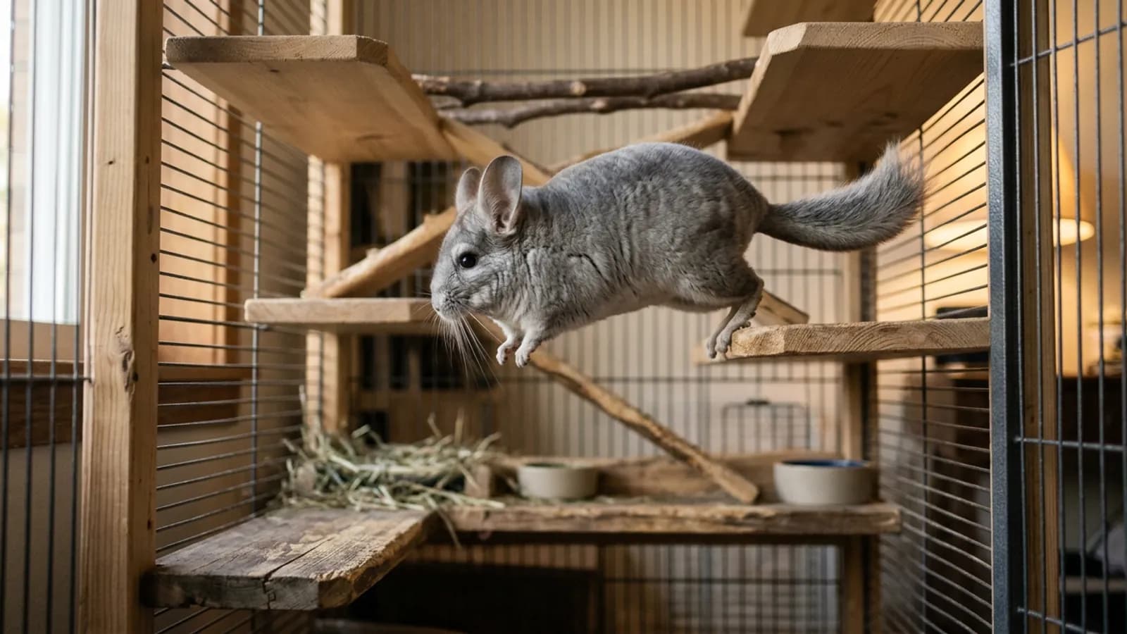 A silver-gray chinchilla popcorning off a wooden ledge, the kind of energetic chinchilla behavior you see at dusk.