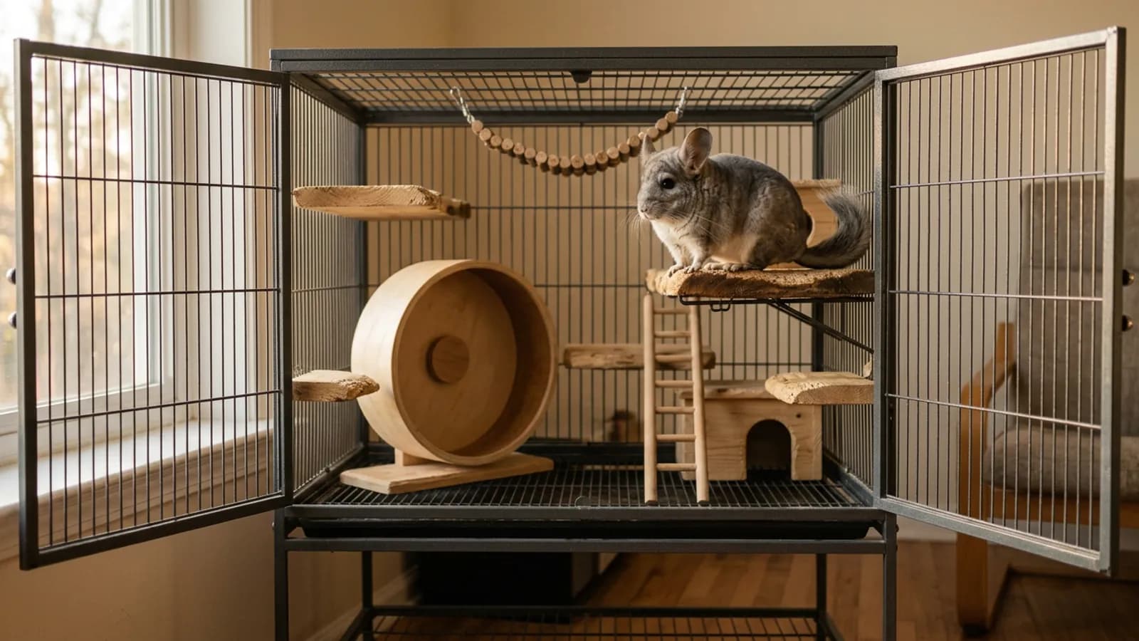 A silver gray chinchilla perched on a wooden ledge inside a tall metal ferret nation chinchilla cage