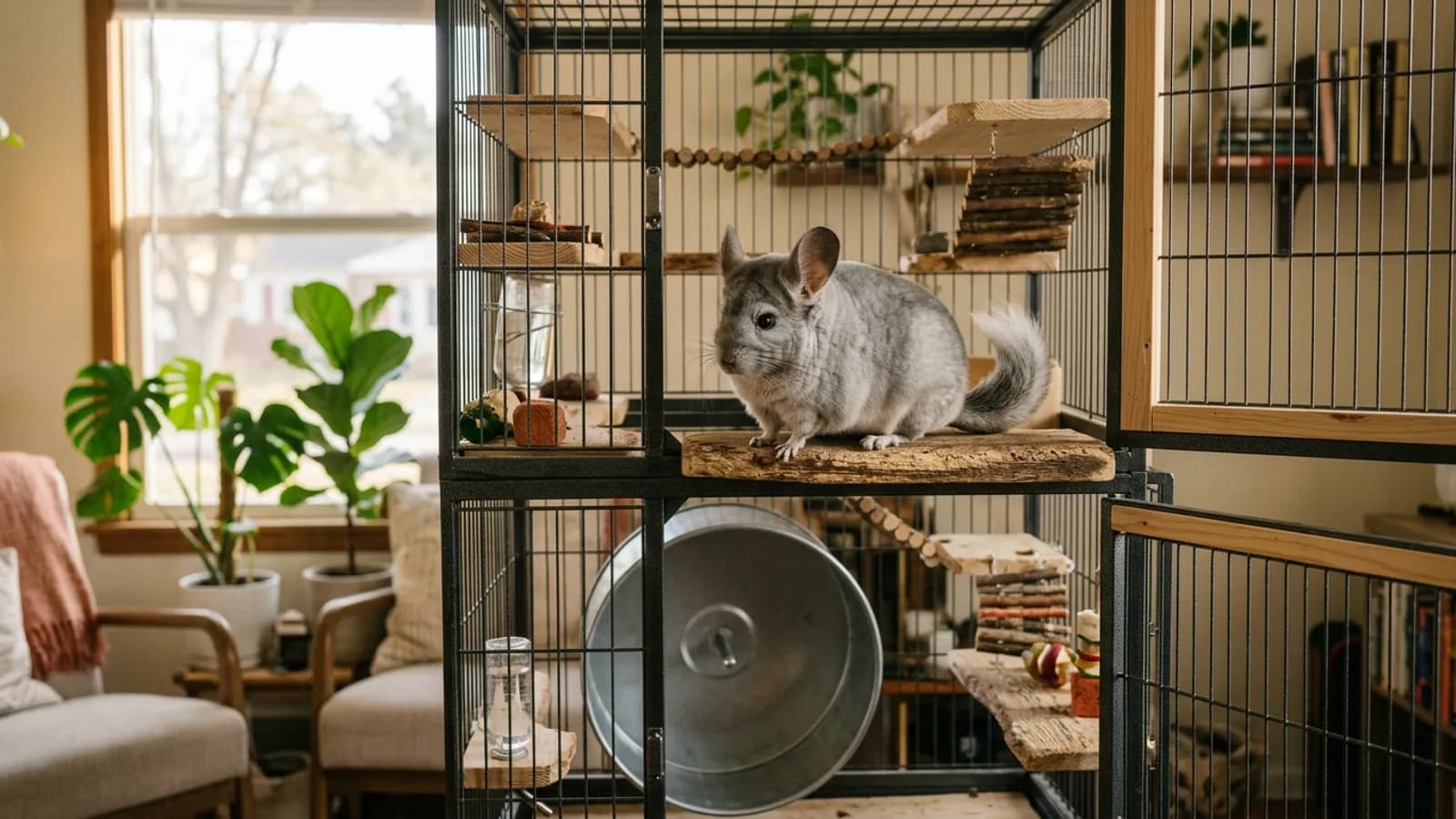 A silver-gray chinchilla perched on a wooden ledge inside a tall metal chinchilla cage with steel bars