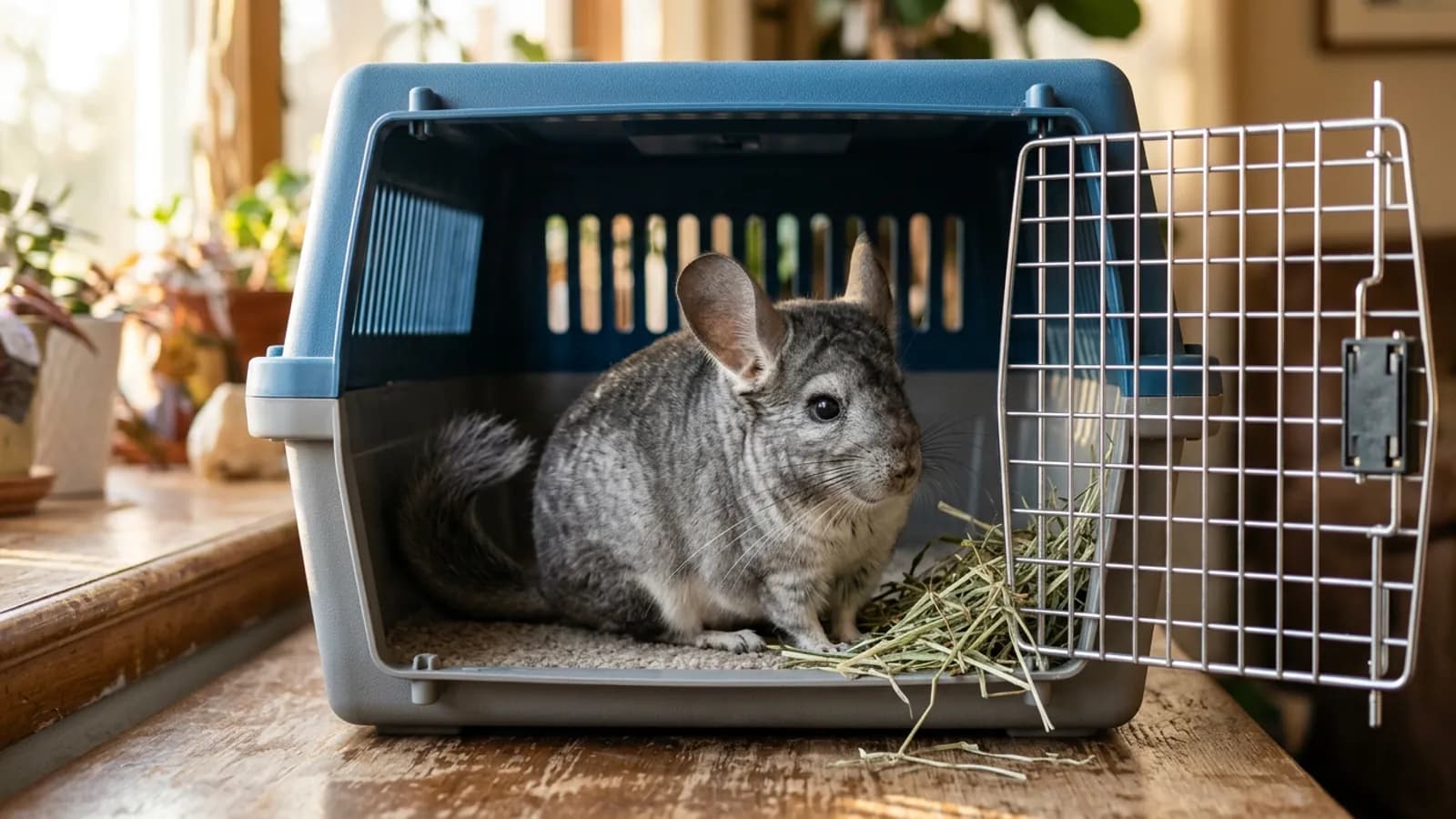 A silver-gray chinchilla sitting inside a chinchilla carrier with a metal grille door and a handful of hay