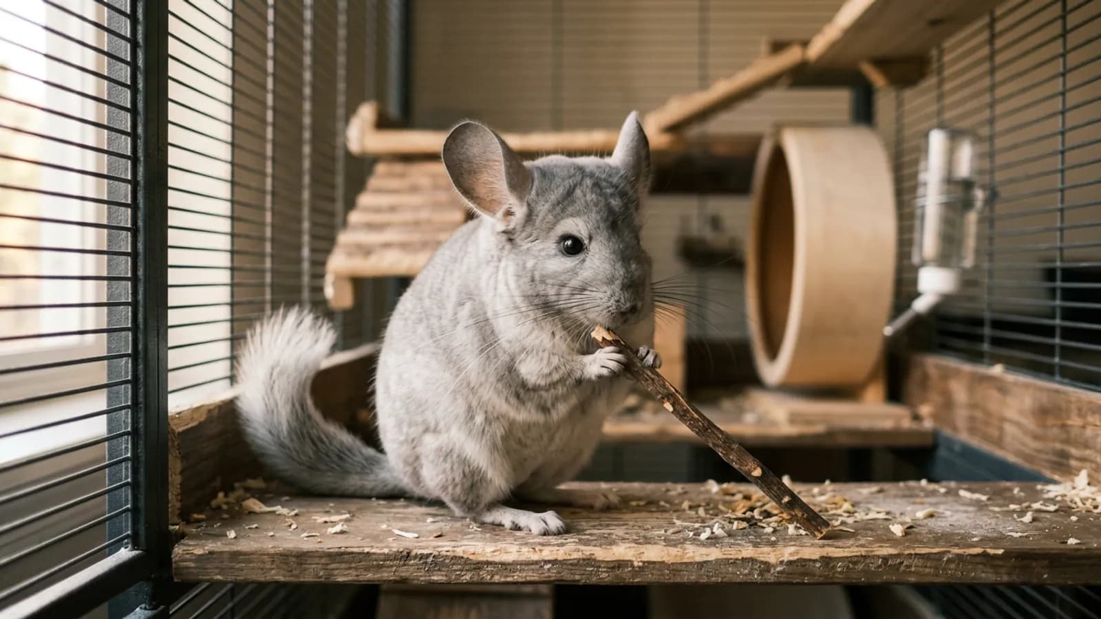 A chinchilla gnawing an apple wood chew stick, one of the safest chinchilla chew toys, on a wooden cage ledge