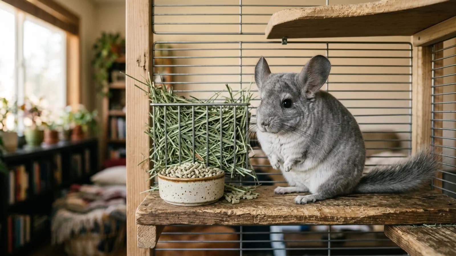 A silver-gray chinchilla beside its food bowl and hay, the animal at the center of any chinchilla degu comparison.