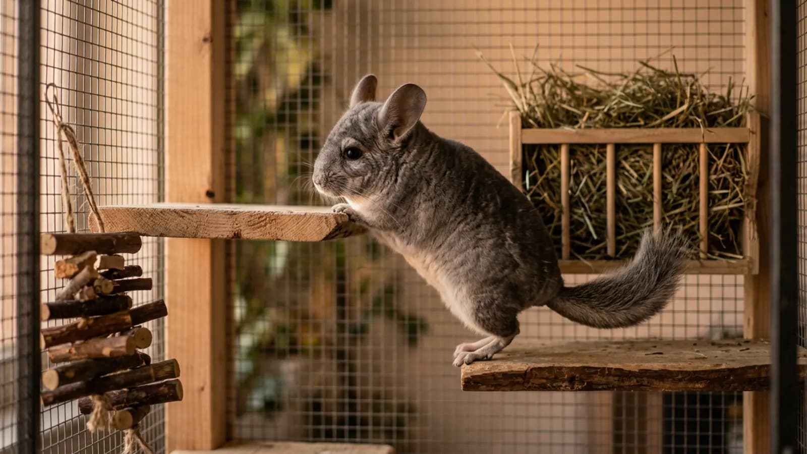 A chinchilla climbing between wooden ledges in a tall metal cage fitted out with chinchilla enrichment like hanging chew sticks and a full hay rack