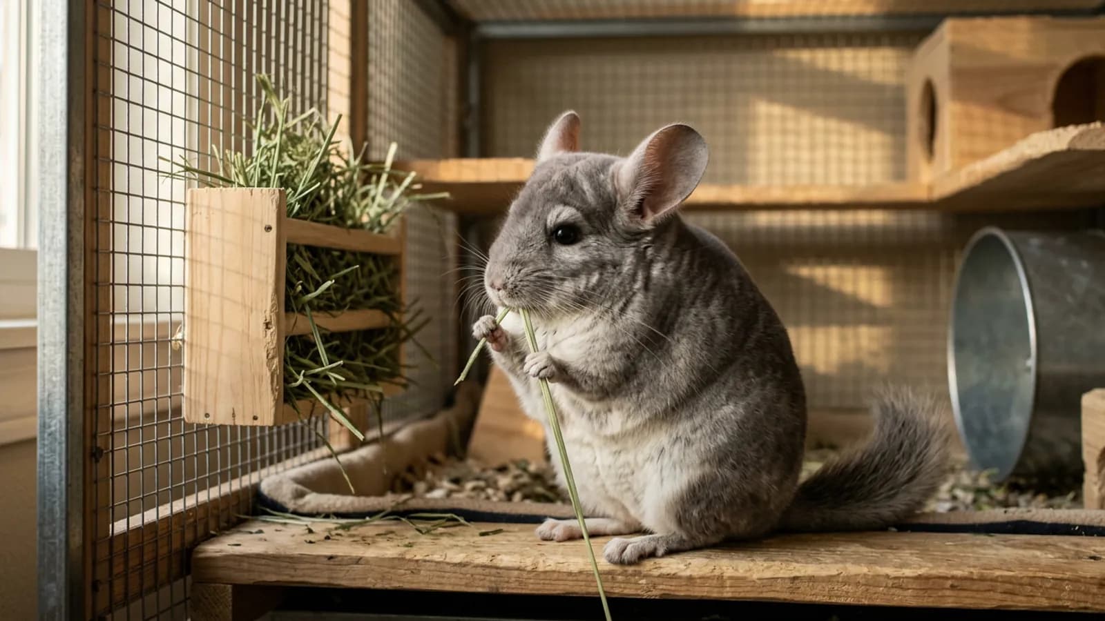A silver-gray chinchilla nibbling a strand of green chinchilla hay in a tall metal and wood cage