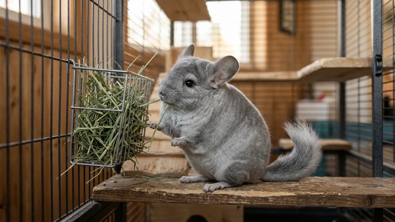 A silver gray chinchilla sitting up on a wooden ledge pulling timothy hay from a metal chinchilla hay feeder mounted on the cage bars