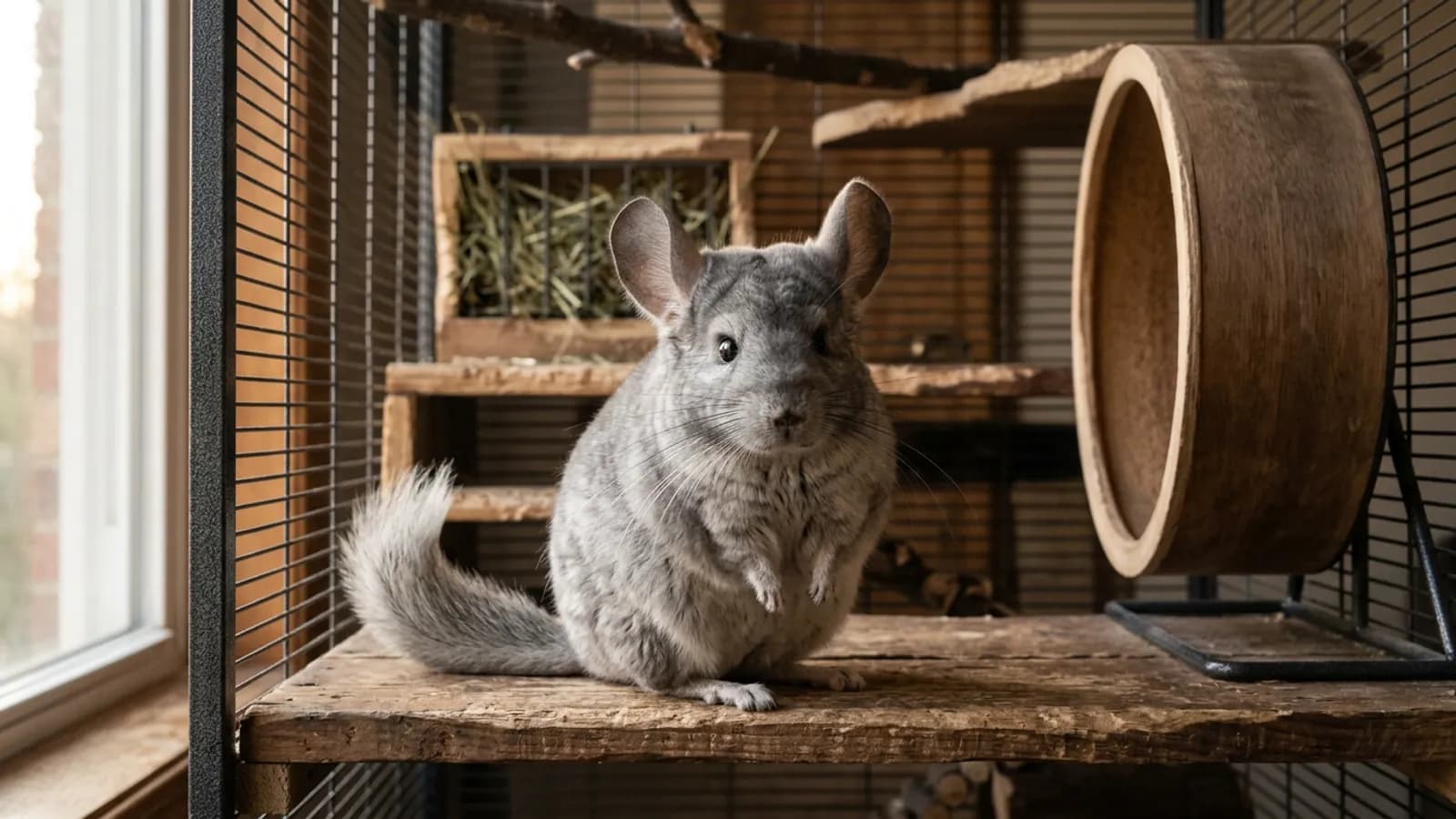 A silver-gray chinchilla sitting upright on a wooden ledge, a living picture of chinchilla interesting facts about its dense fur.