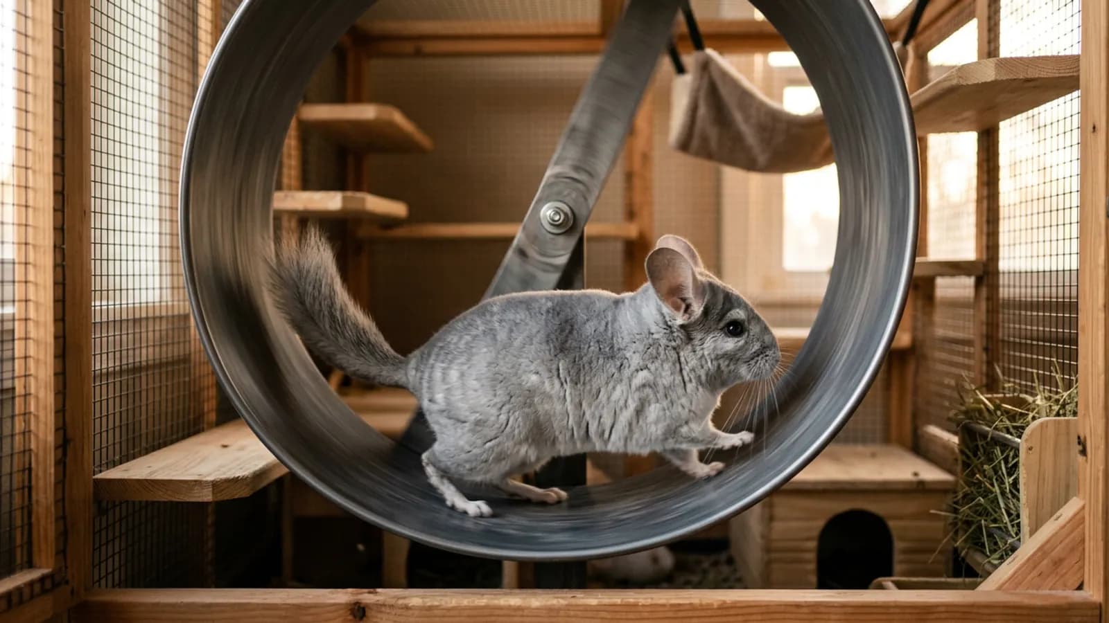 A chinchilla on a wheel running mid-stride on a solid metal exercise wheel inside a tall metal and wood cage