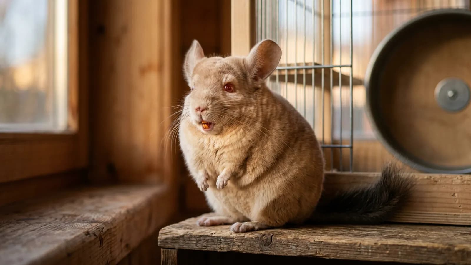 A warm beige chinchilla orange in tone, showing its healthy orange front teeth on a wooden ledge