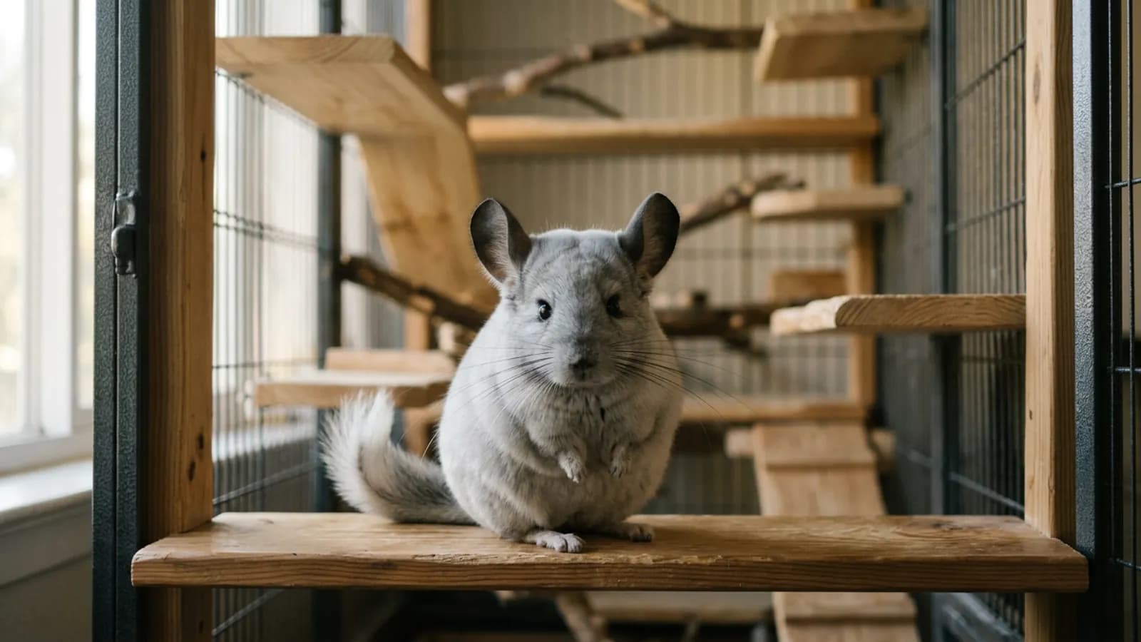 A silver-gray chinchilla, the rodent behind confusing chinchilla persian for sale listings, sitting on a wooden ledge in a metal and wood cage.