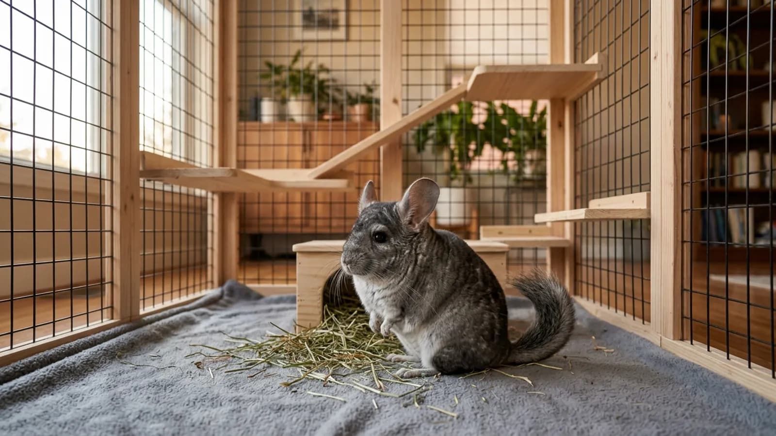 A dense silver-gray chinchilla sitting inside a tall metal and wood chinchilla playpen on a fleece liner.