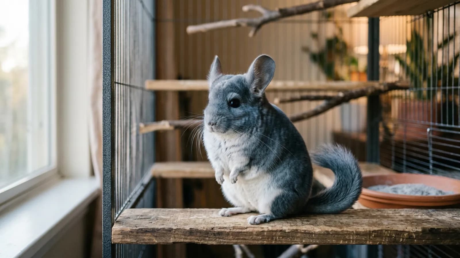 A chinchilla sapphire showing its soft blue-gray coat while sitting upright on a wooden ledge