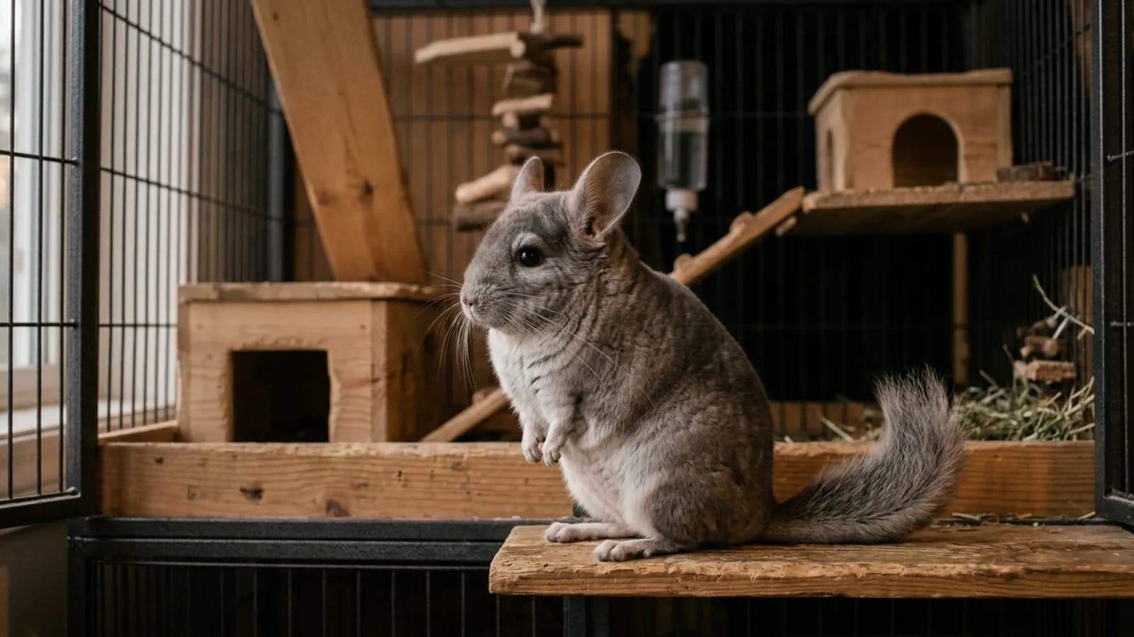 An alert chinchilla sitting still on a wooden ledge, showing the tense posture of chinchilla stress