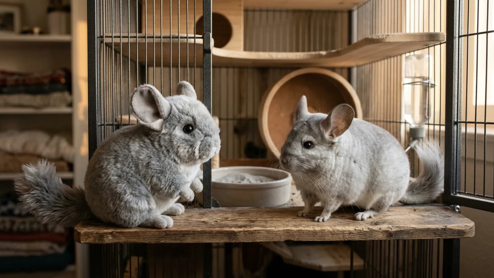 A chinchilla stuffed animal on a shelf beside a real silver-gray chinchilla on a wooden cage ledge
