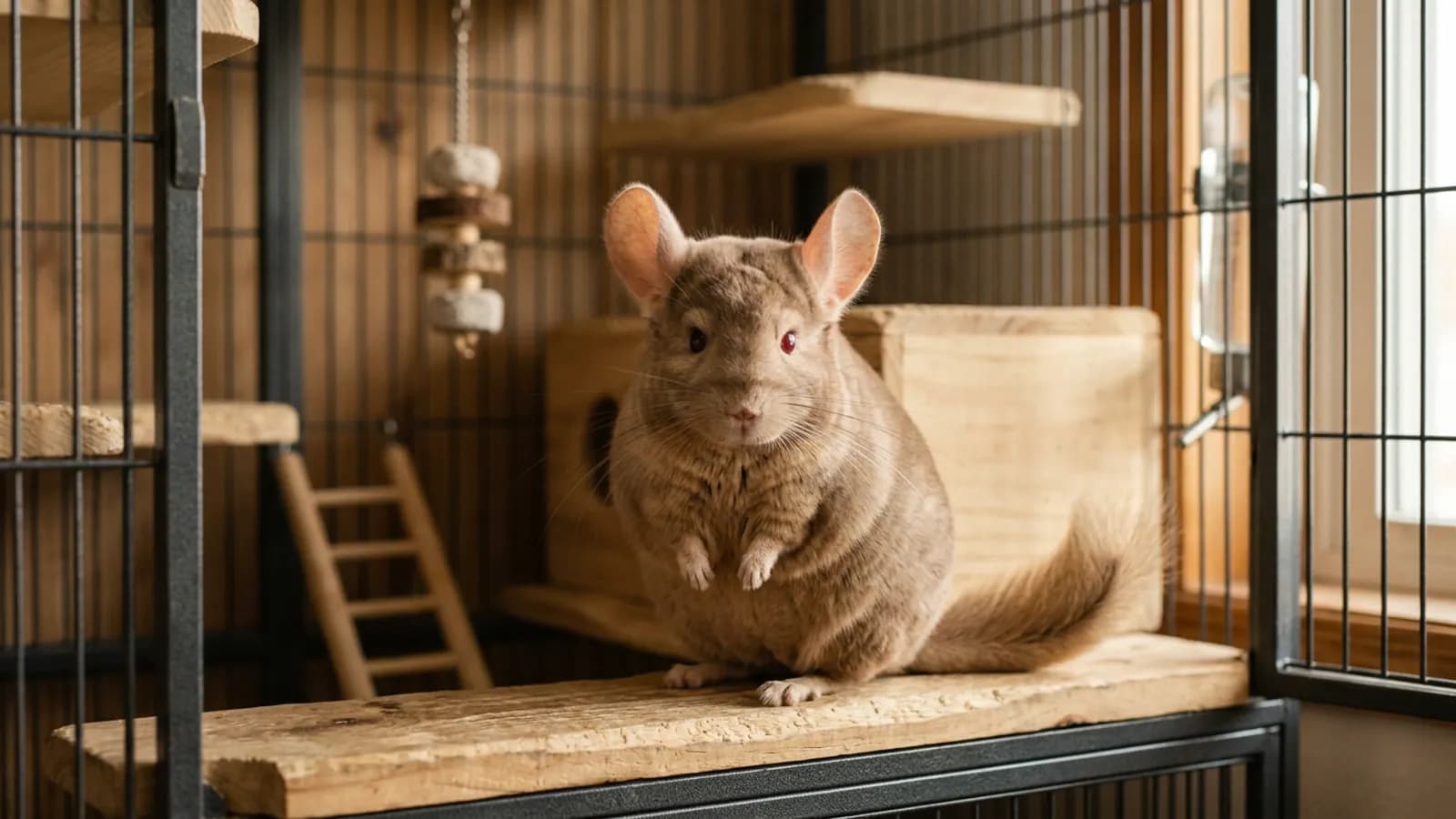 A tan chinchilla with warm sandy-brown fur sitting on a wooden ledge in a metal cage