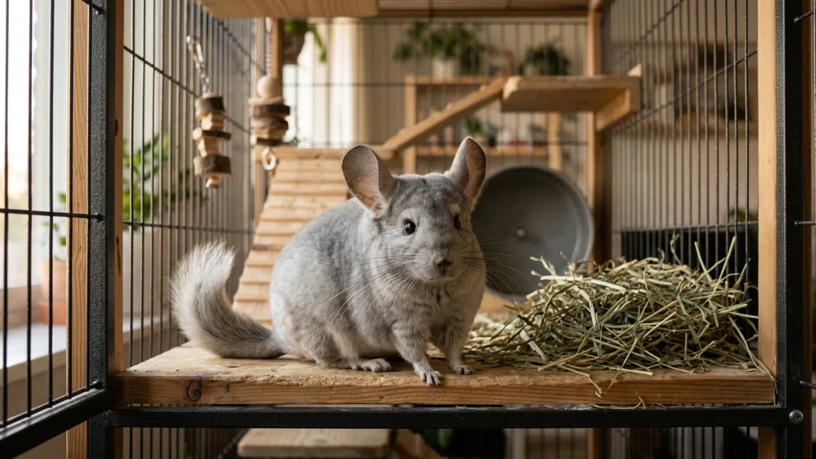 A healthy alert chinchilla on a wooden ledge, the baseline a chinchilla vet checks at a wellness visit.