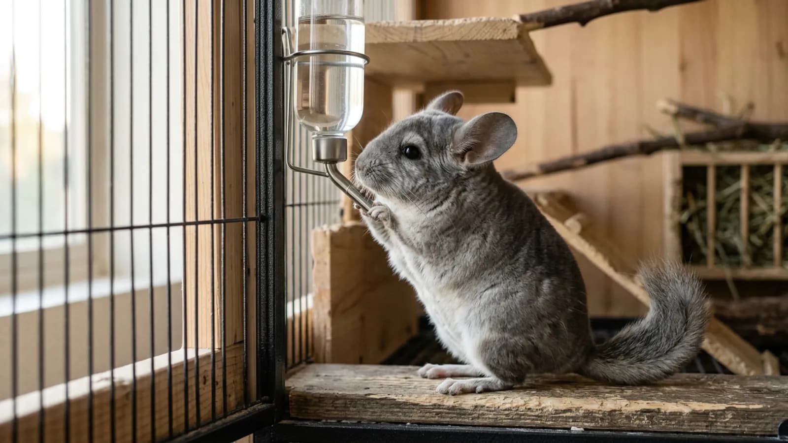 A chinchilla drinking from a glass chinchilla water bottle mounted on the bars of a tall metal and wood cage