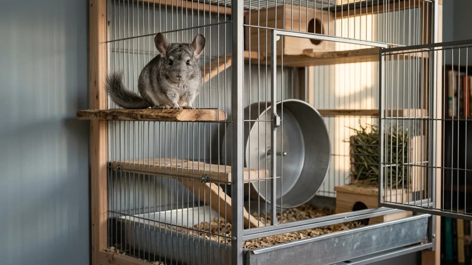A tall metal and wood cage showing what good chinchilla cages look like, with a chinchilla perched on an upper wooden ledge