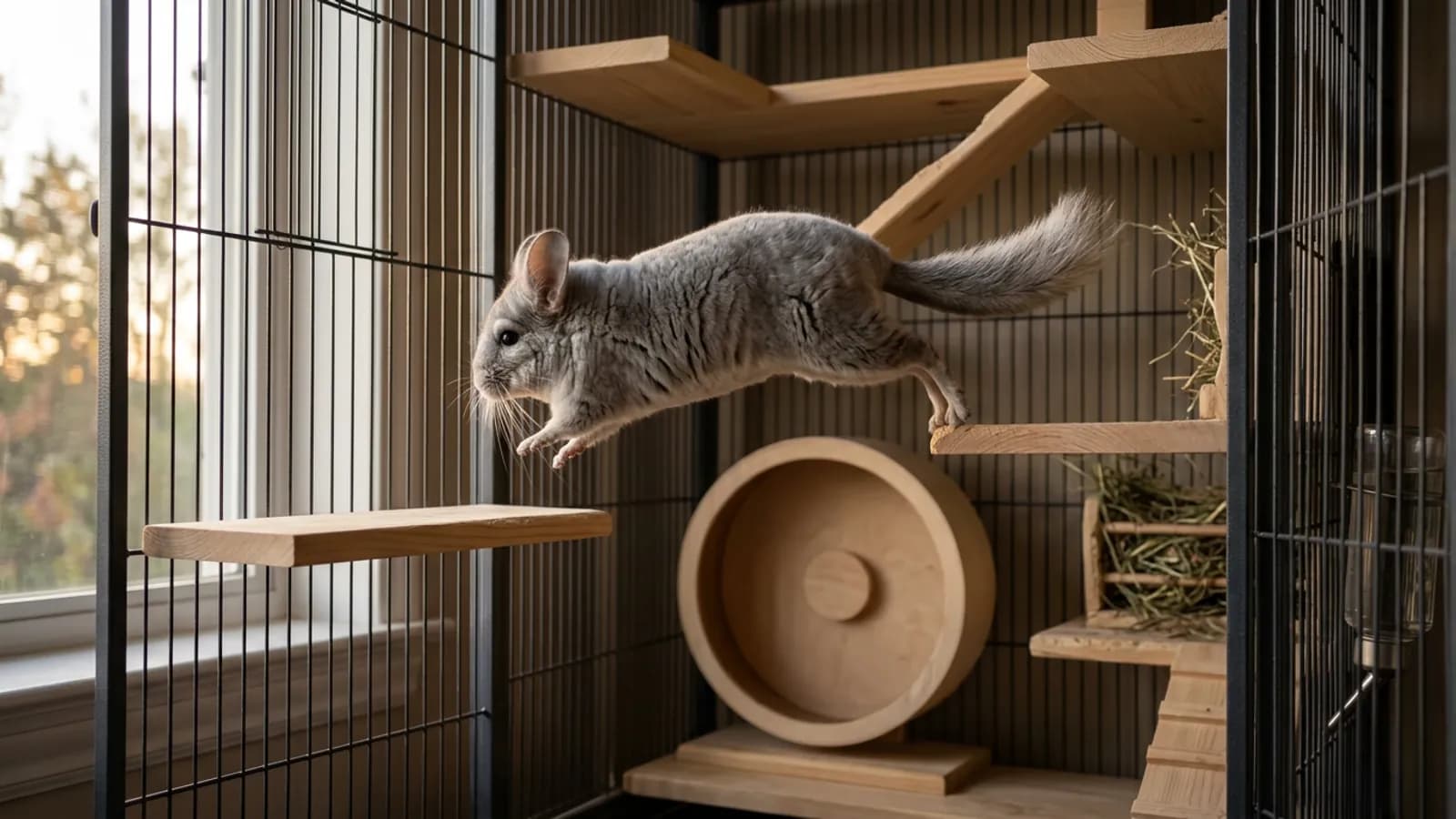 A dense silver-gray chinchilla leaping between wooden ledges inside a huge chinchilla cage