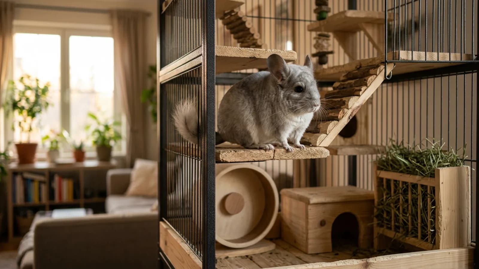 A silver-gray chinchilla perched on a wooden ledge inside a tall metal large chinchilla cage