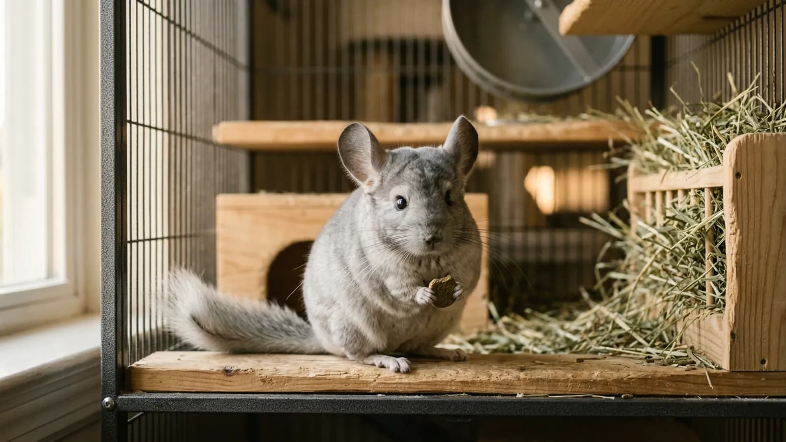 A chinchilla nibbling a plain pellet of Oxbow Essentials chinchilla food beside a rack of timothy hay in a tall metal and wood cage