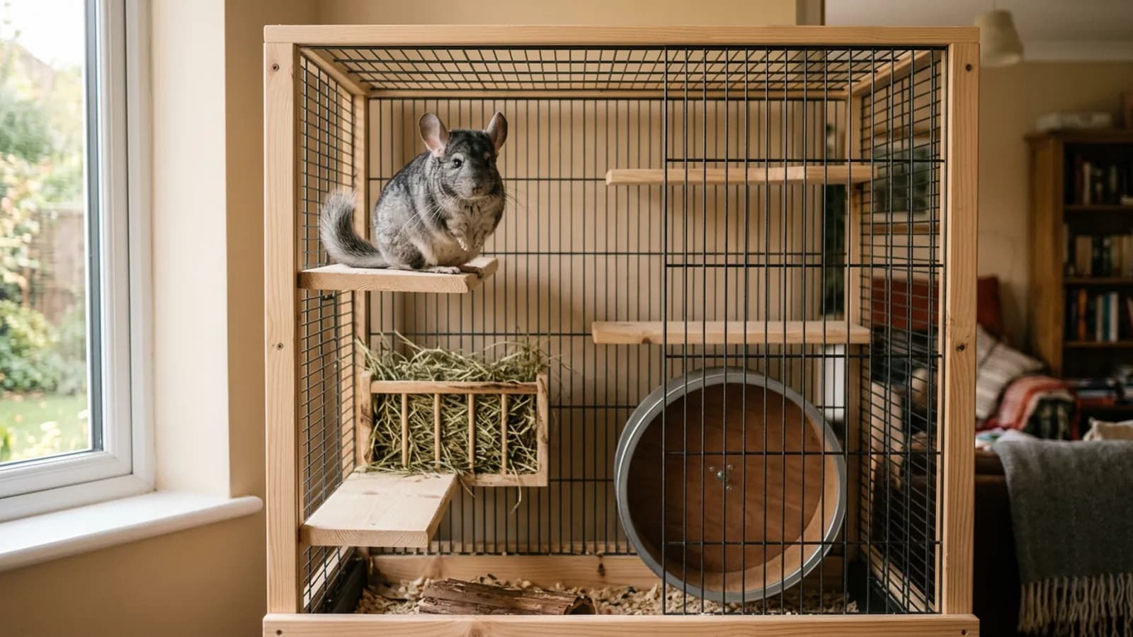 A dense silver-gray chinchilla on a wooden ledge inside a tall metal and wood cage, showing a full chinchilla cage set up