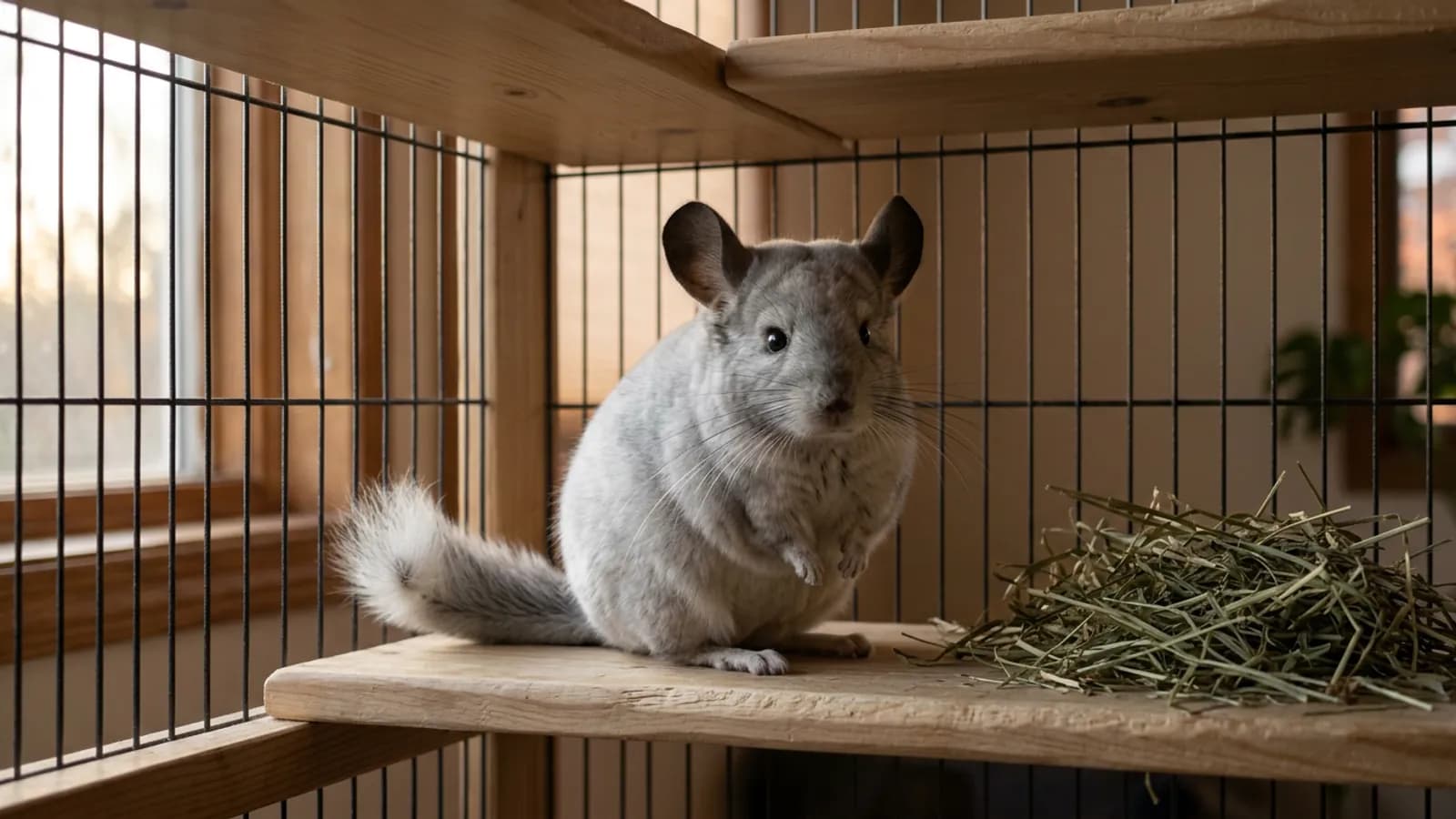 A silver-gray chinchilla, the rodent people confuse with the standard chinchilla rabbit, sitting on a wooden ledge in its cage.