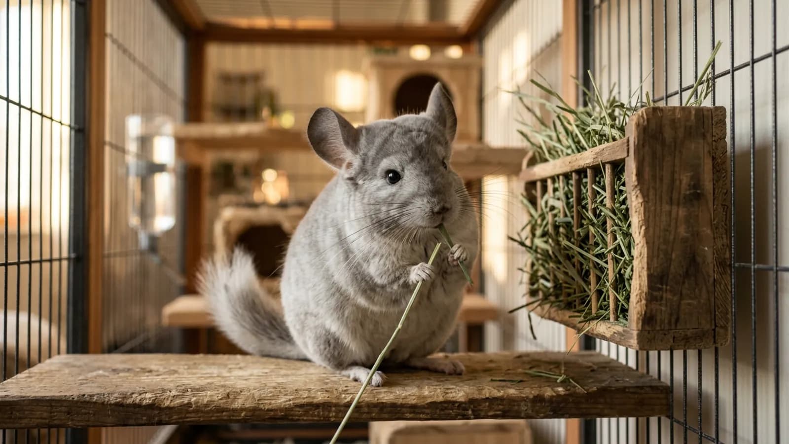 A silver gray chinchilla nibbling a strand of timothy hay, the daily staple of what to feed a chinchilla.