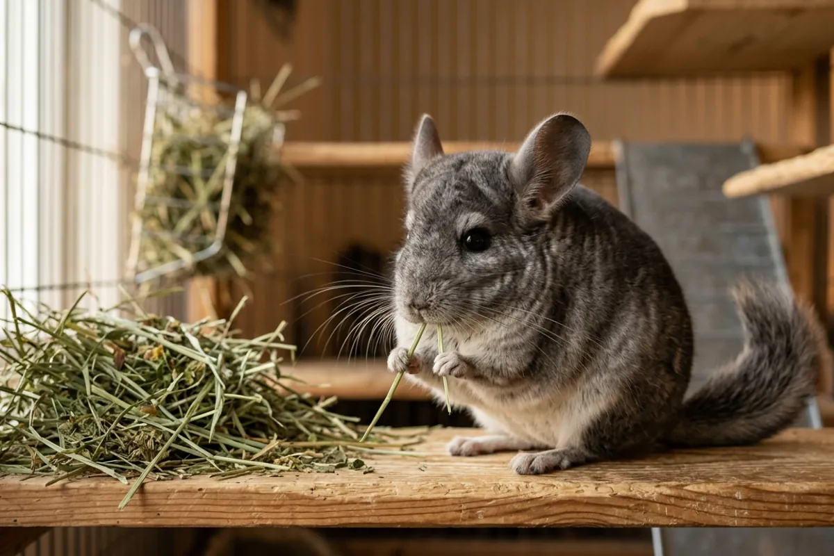 A chinchilla pet nibbling a strand of timothy hay on a wooden ledge.