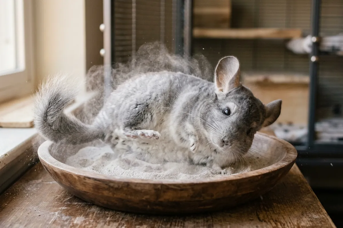 A chinchilla pet rolling in a dust bath of fine volcanic dust, never water.