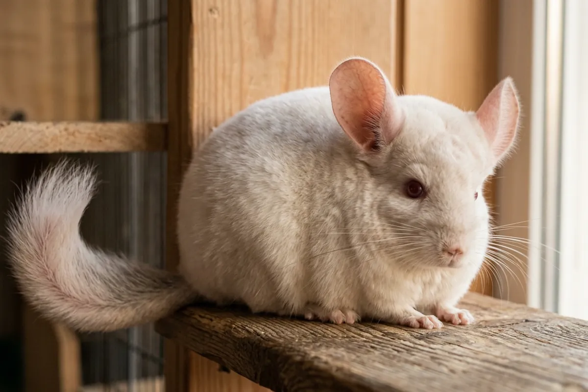 A pink-white chinchilla often mistaken for an albino chinchilla, showing pale fur and reddish eyes