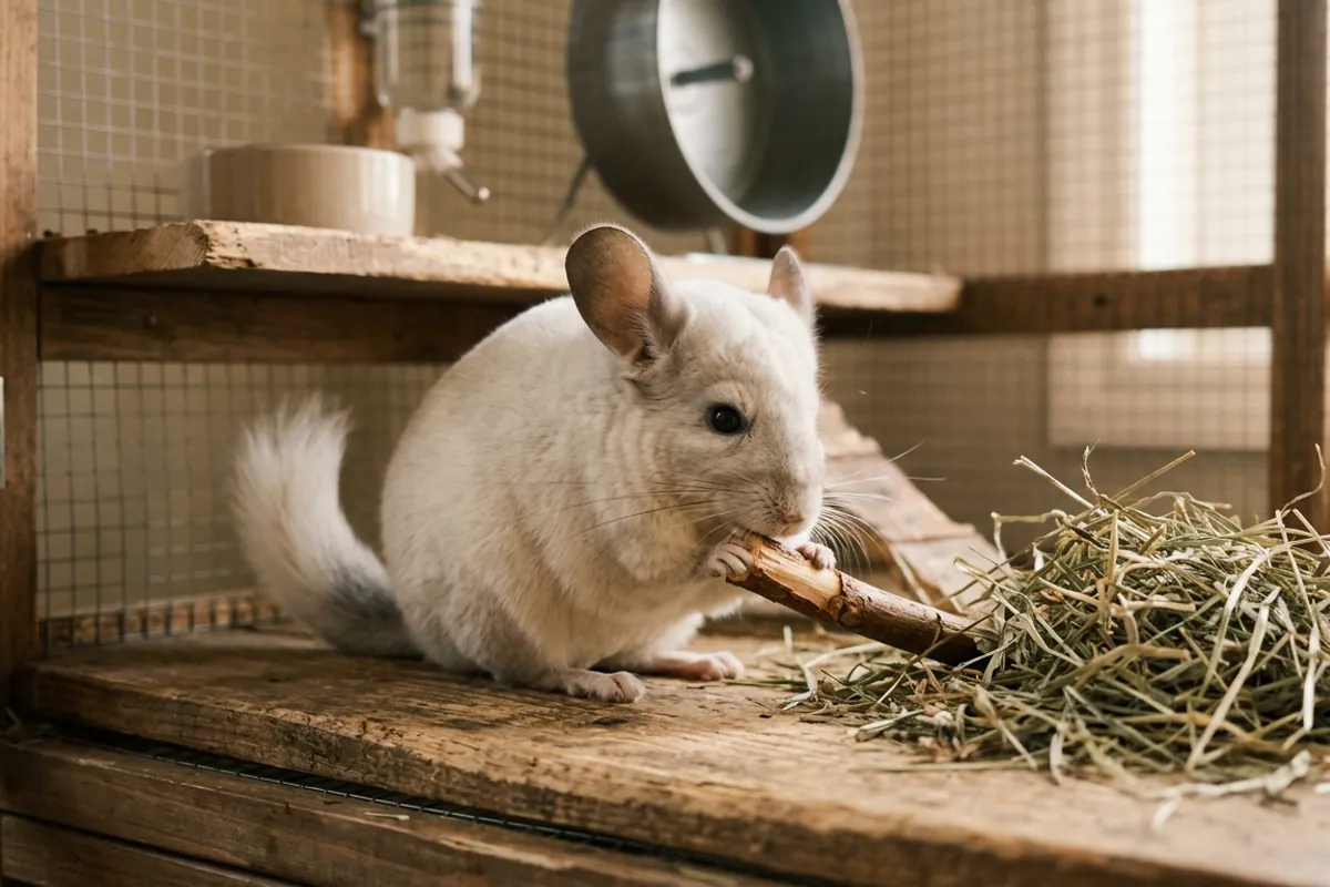A white chinchilla chewing apple wood next to timothy hay, showing that an albino chinchilla needs the same diet as any other