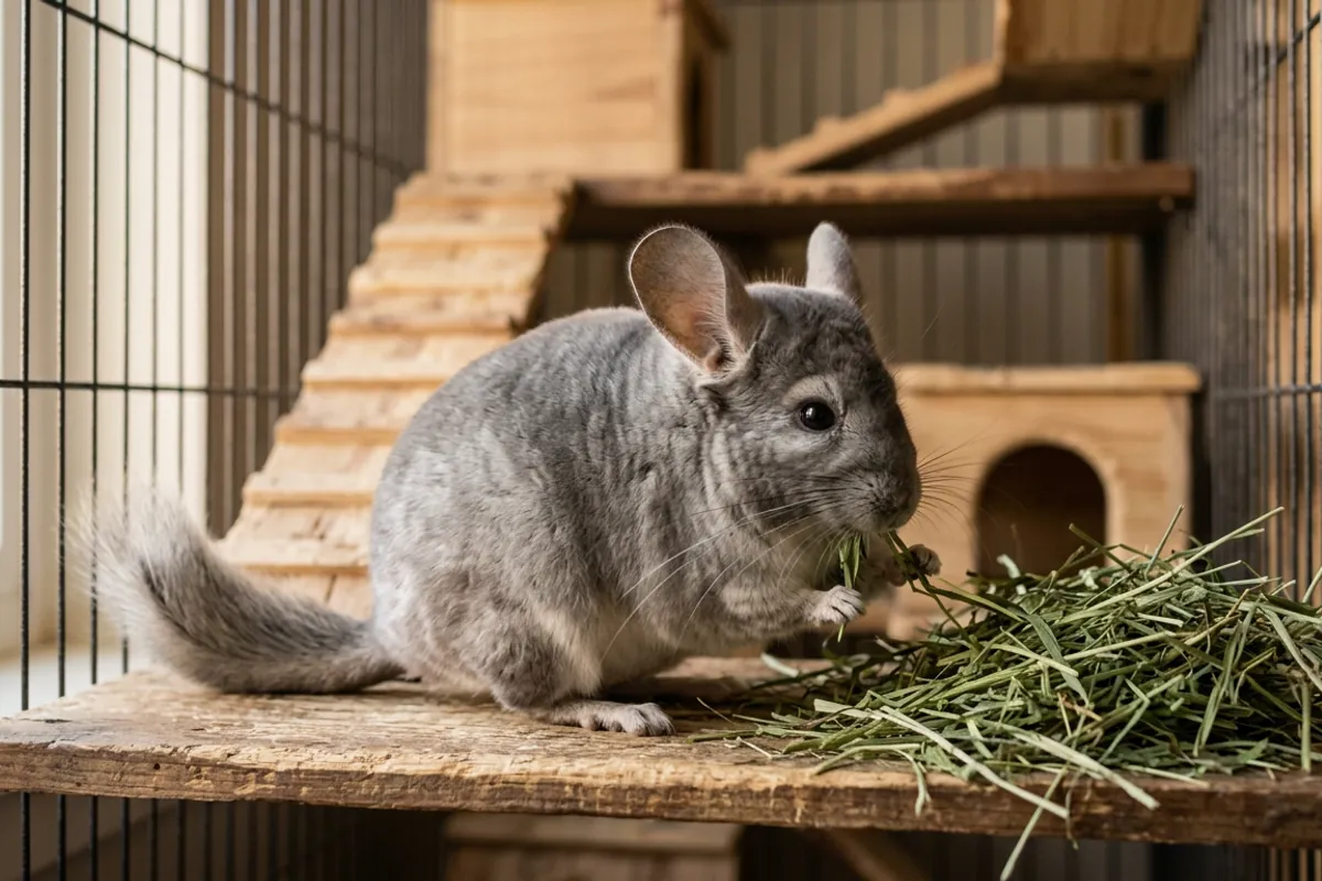 A chinchilla, the rodent behind the american chinchilla rabbit name, eats a pile of timothy hay on a wooden ledge.