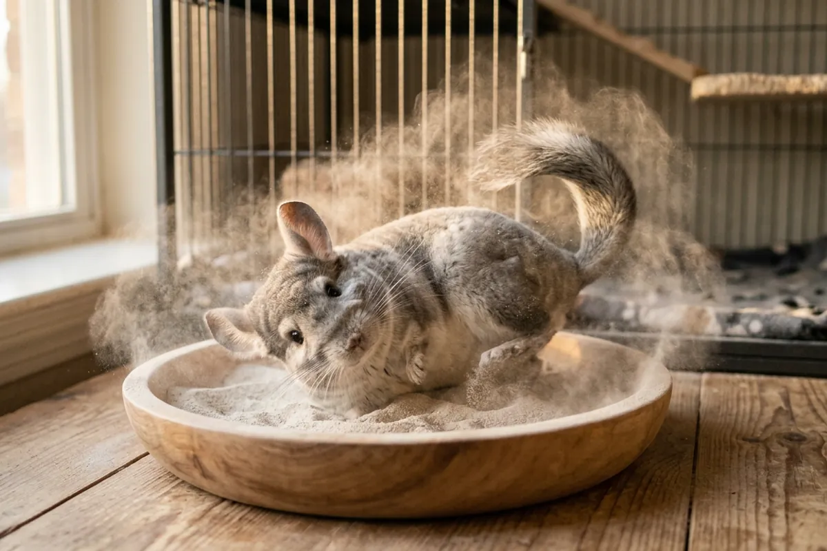 A silver-gray chinchilla rolls in fine pumice dust, the kind of bath an american chinchilla rabbit never needs.