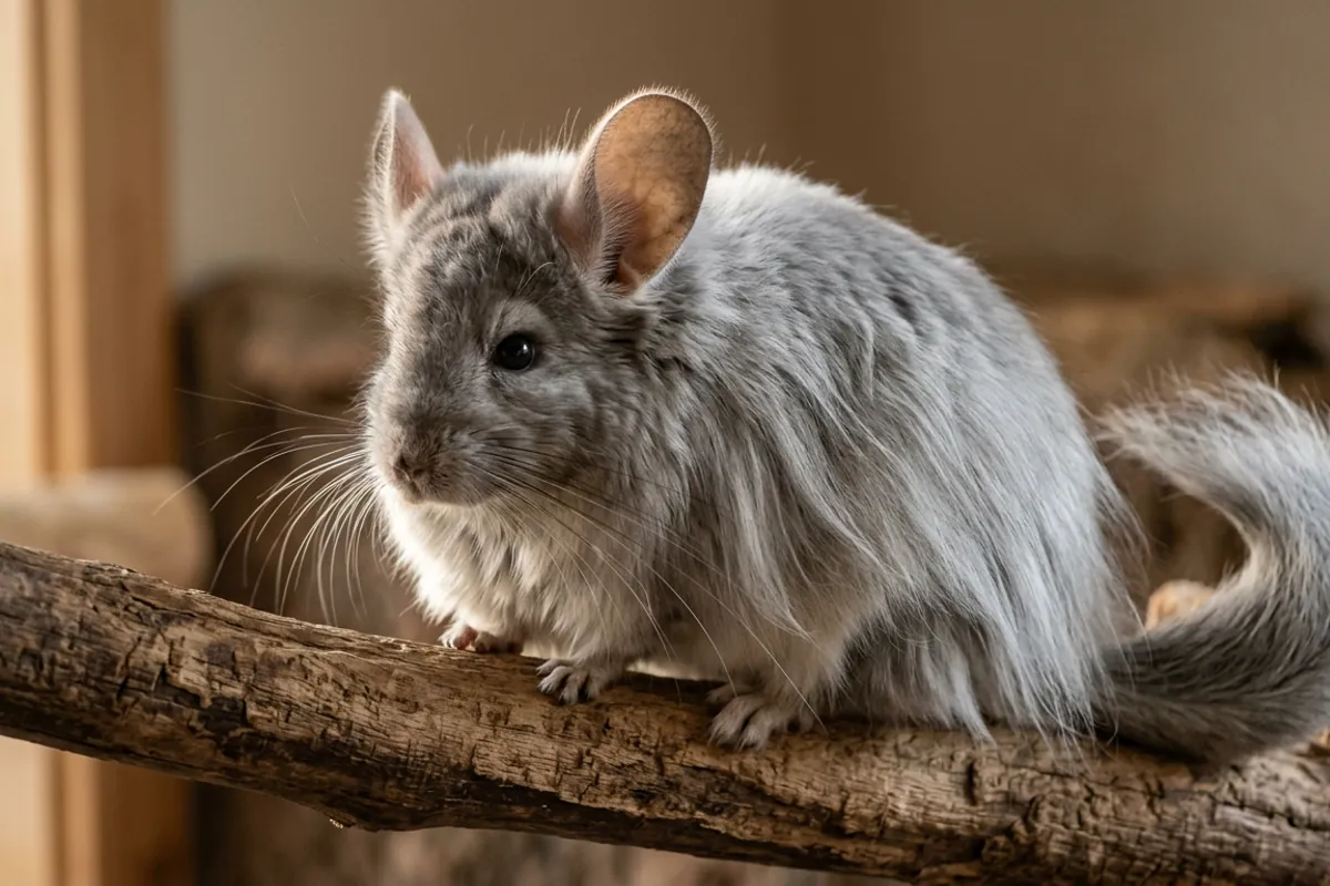 Close view of an angora chinchilla showing its long silver gray coat on a wooden branch