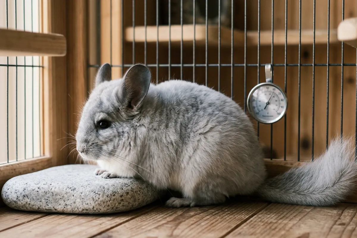 An angora chinchilla resting against a cooling stone inside a tall metal and wood cage