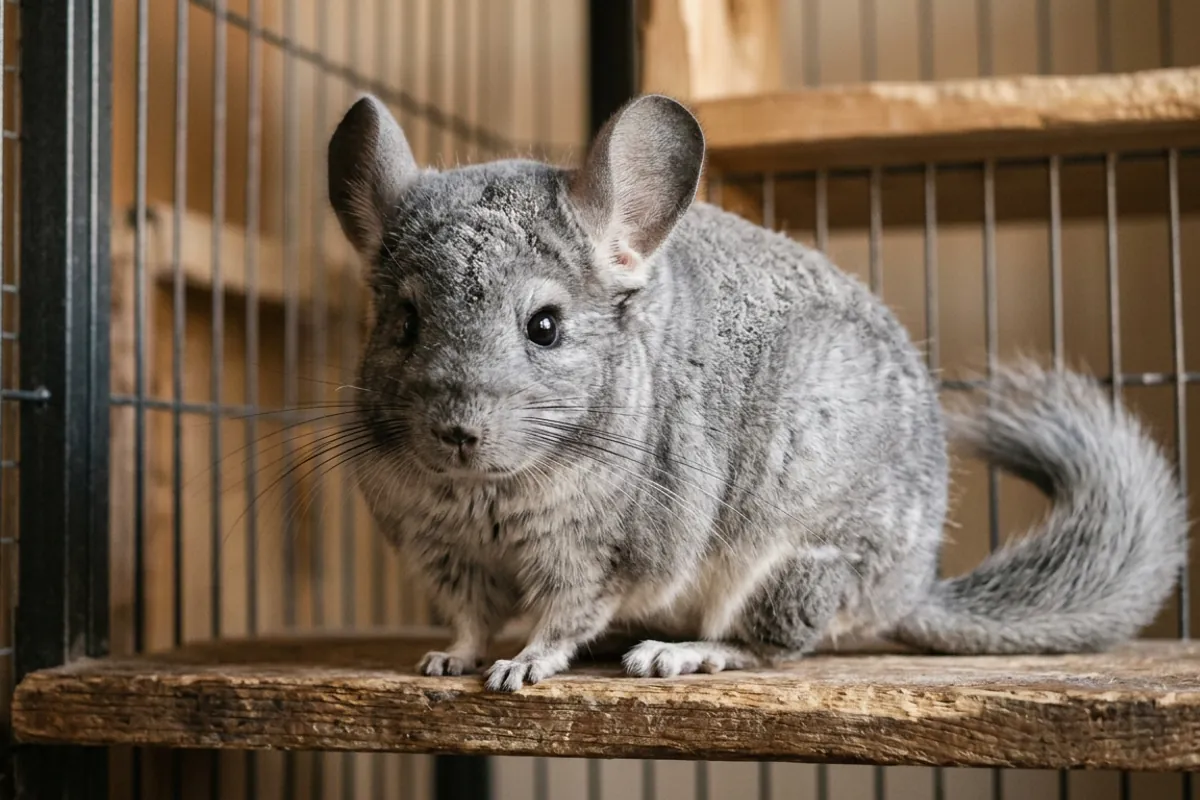Close up of dense chinchilla fur with fine bathing dust for chinchillas still settling on the coat