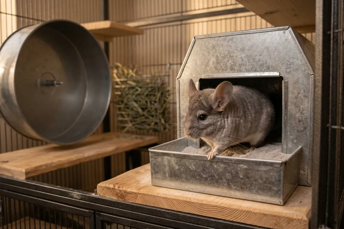 An enclosed metal bath house filled with bathing dust for chinchillas on a wooden ledge inside a tall wire and wood cage