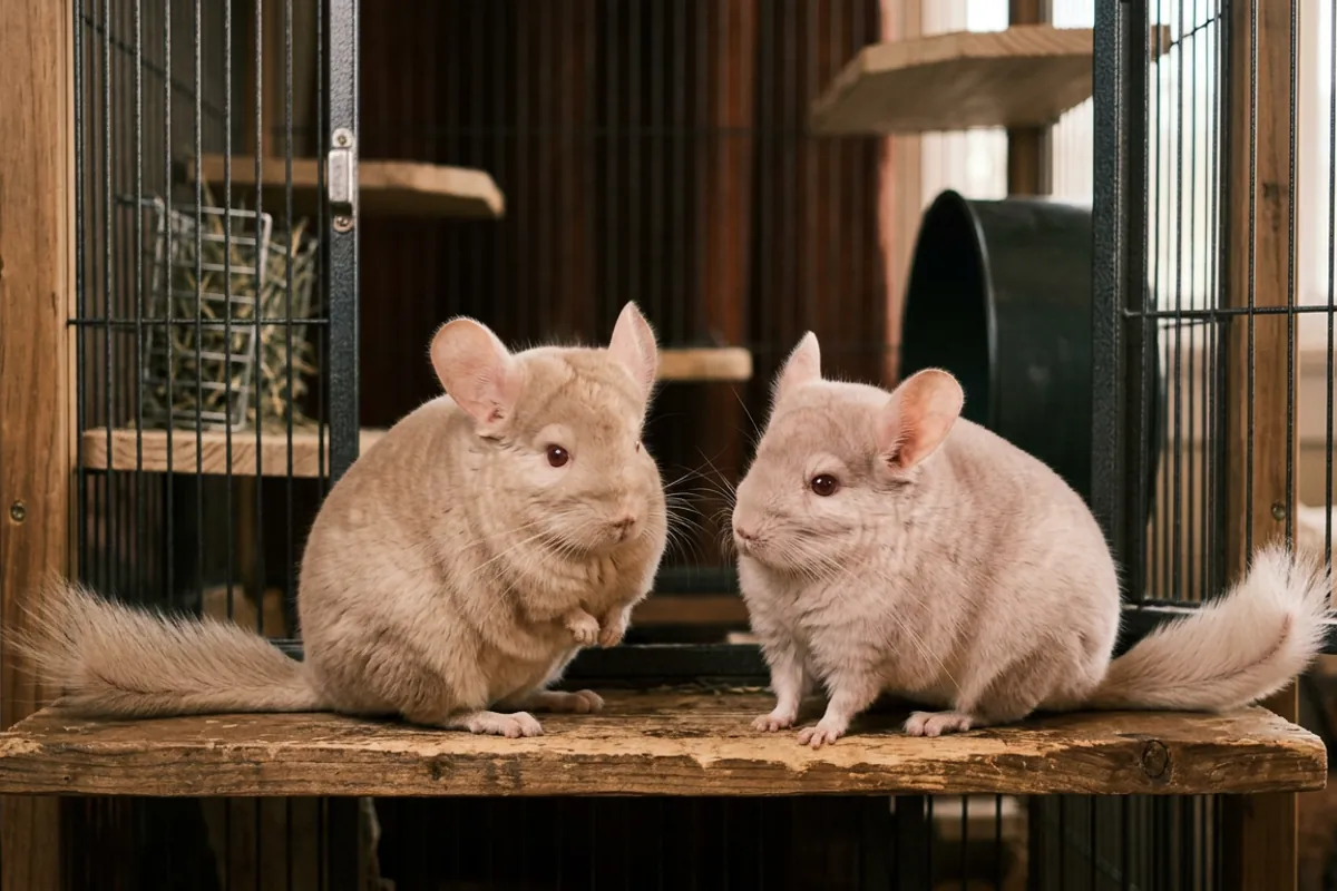 A warm beige chinchilla beside a paler beige sapphire chinchilla on a wooden ledge.