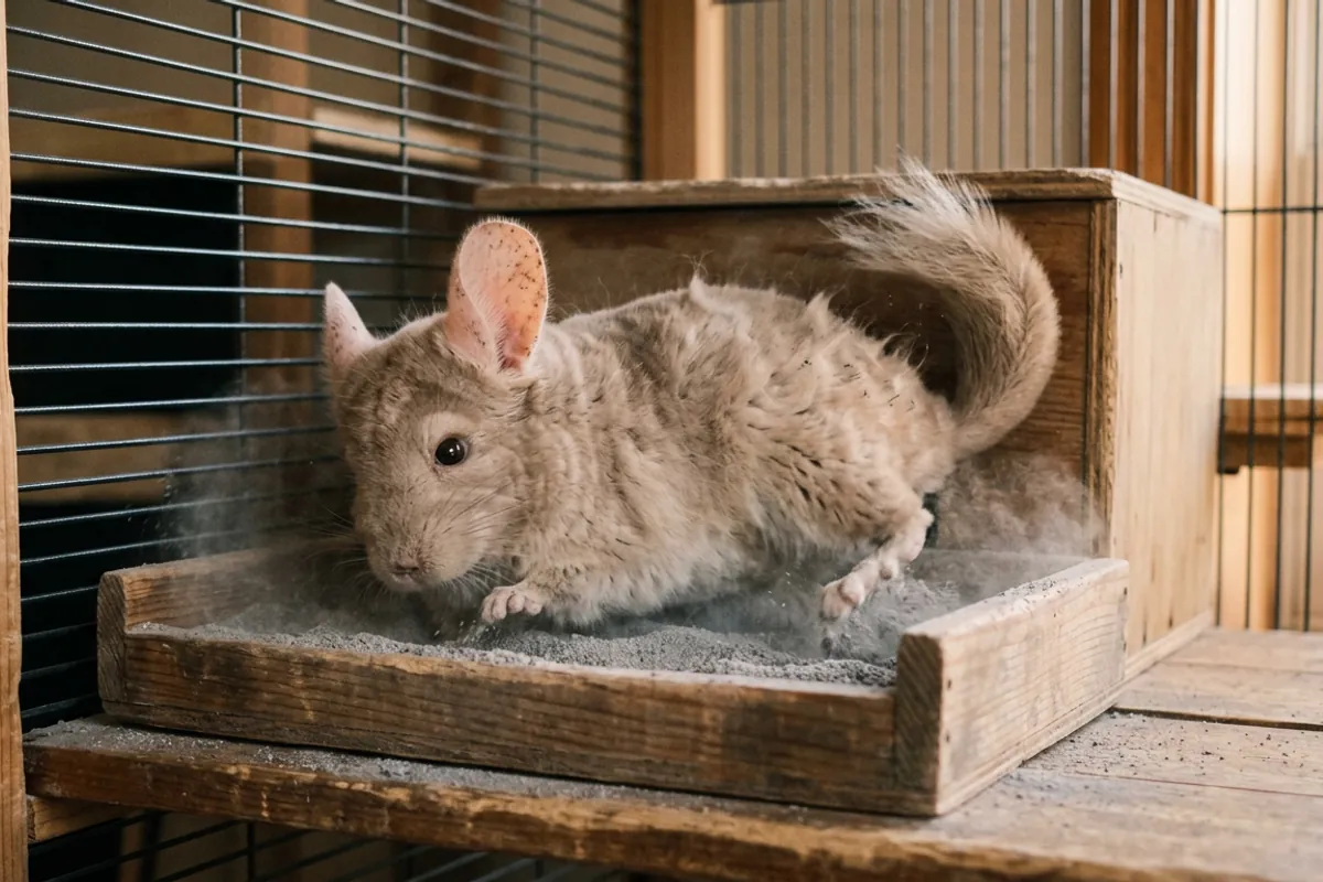 A beige chinchilla rolling in fine volcanic dust during a dust bath on a wooden ledge.