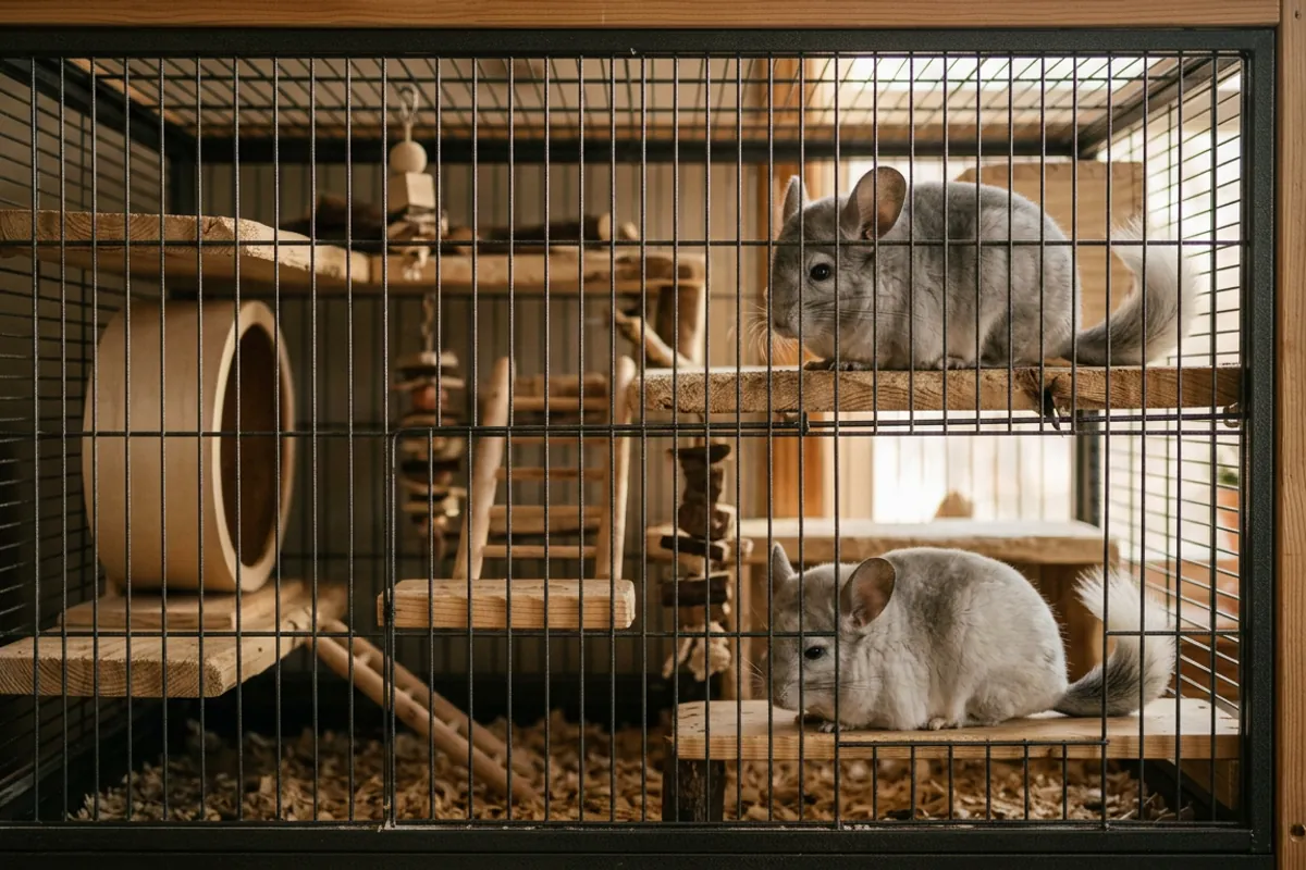 Two chinchillas on separate wooden levels inside the best cage for 2 chinchillas, a tall multi-level metal and wood enclosure