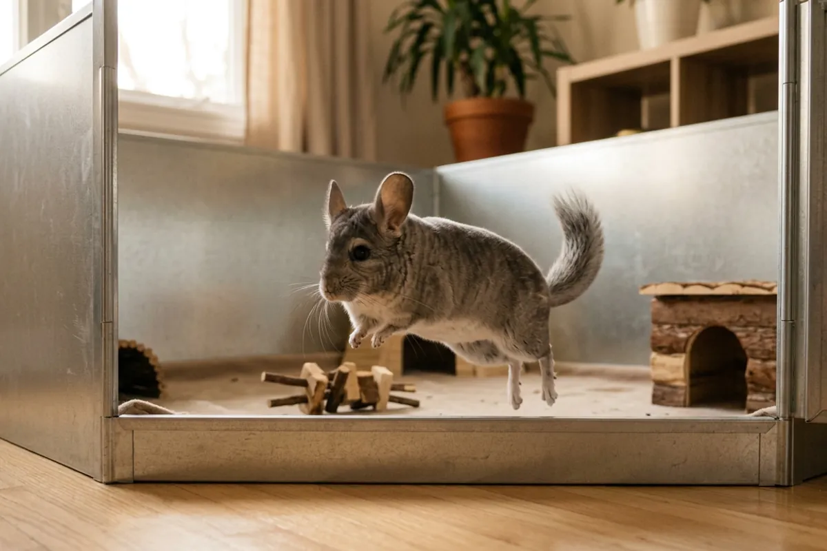 A silver-gray chinchilla hopping inside a tall best chinchilla playpen with solid high sides and a wooden chew