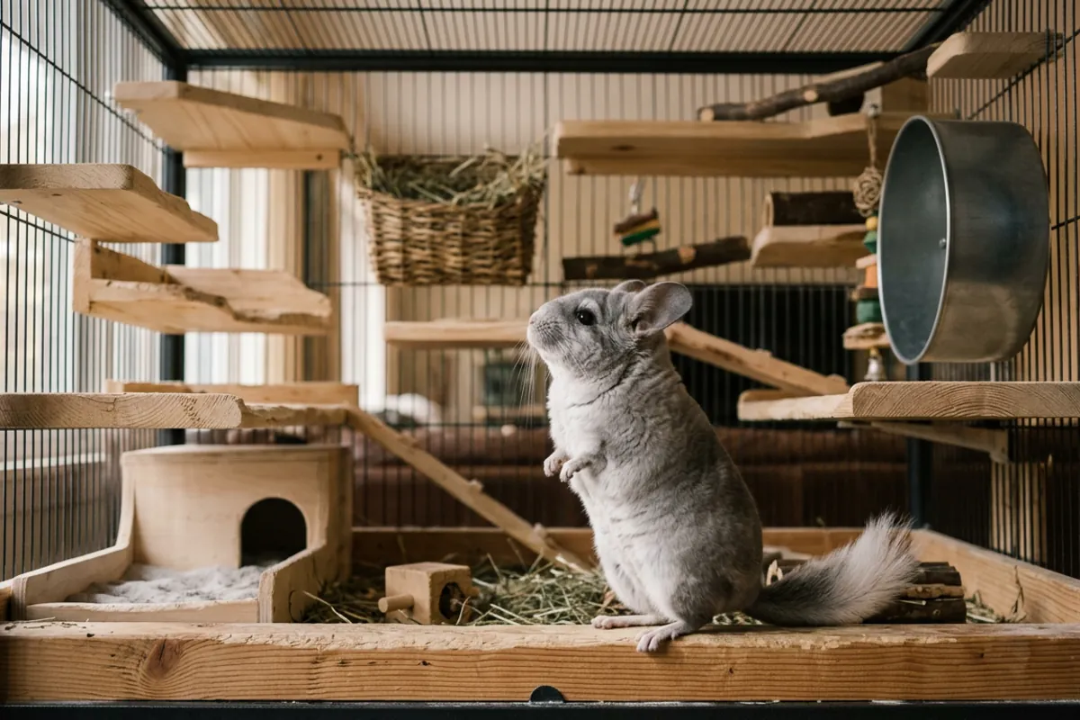 A chinchilla looking up the full height of a big chinchilla cage toward its upper wooden ledges