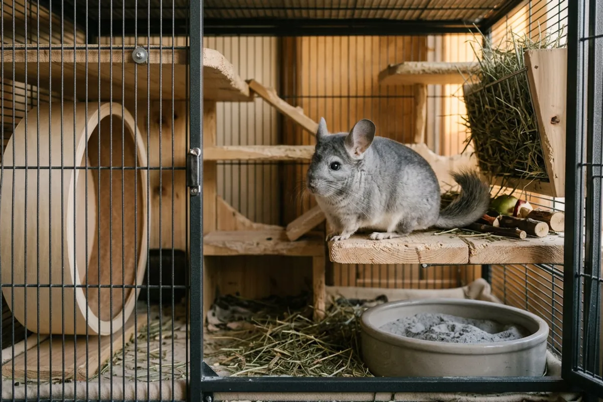 A fully furnished big chinchilla cage with wooden ledges, a solid wheel, hay, and a dust bath