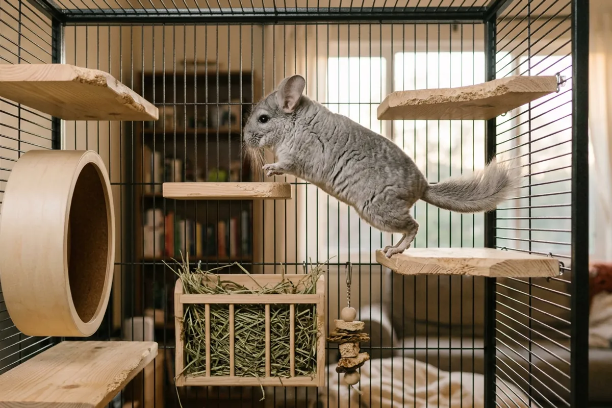 A big chinchilla cage fitted with staggered wooden ledges and a solid wheel turns height into real climbing exercise.