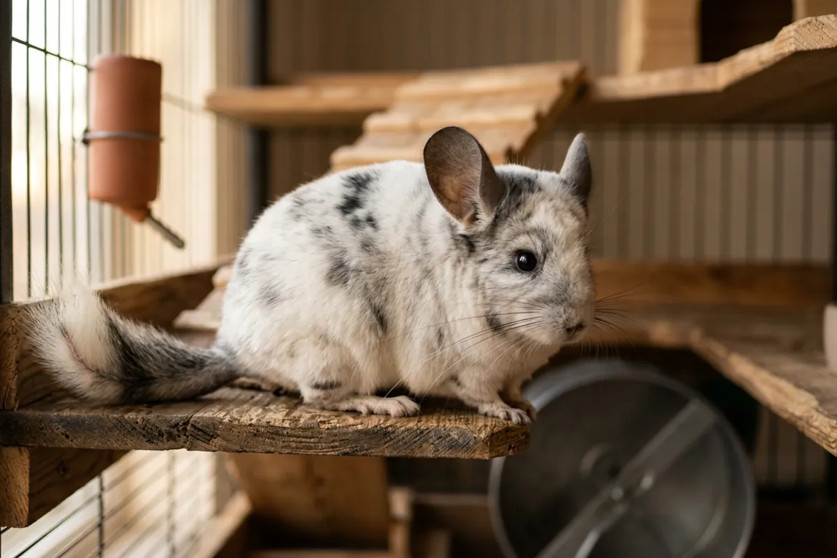 A white and black chinchilla with grey patches showing the mosaic pattern on a wooden shelf