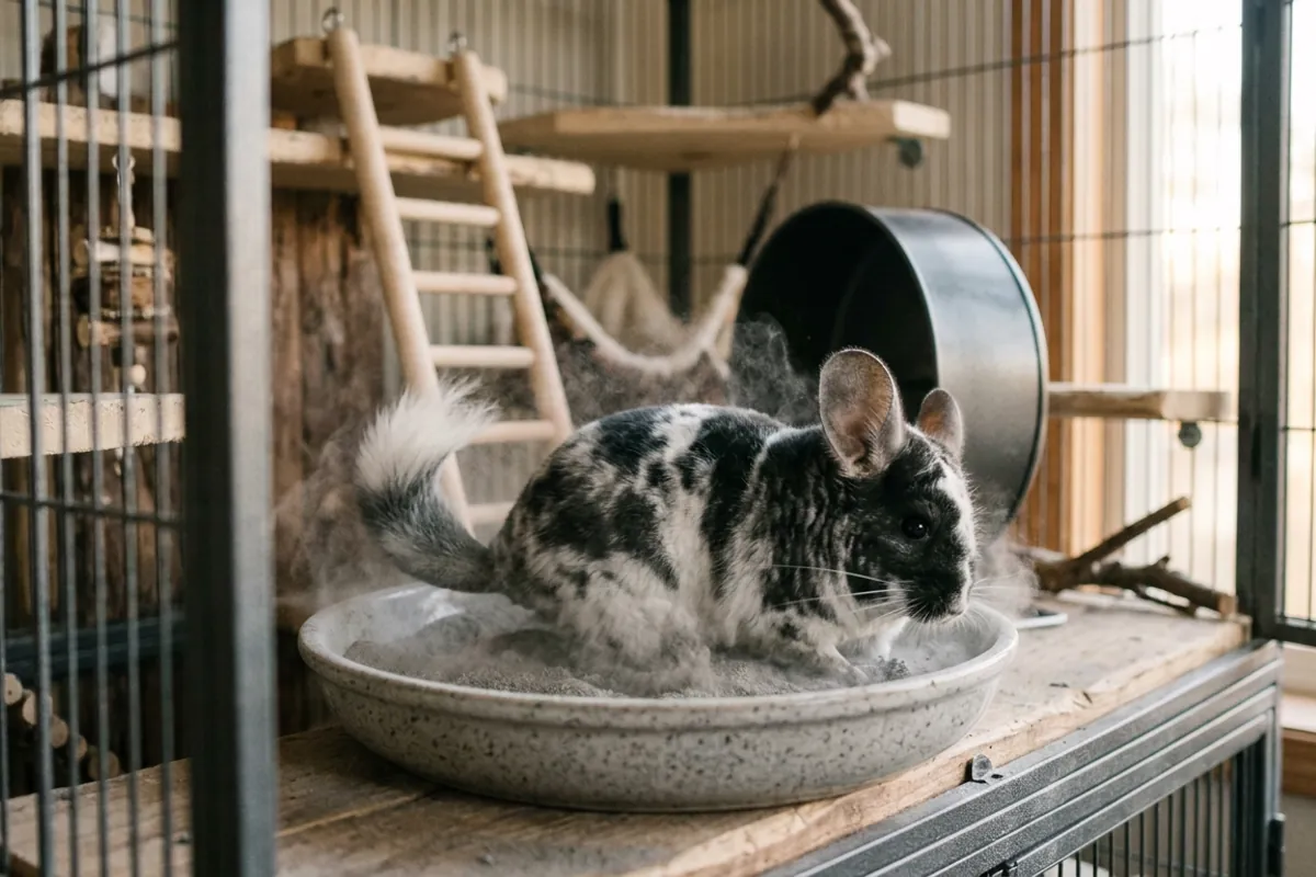 A black and white chinchilla rolling in a fine dust bath inside a metal and wood cage