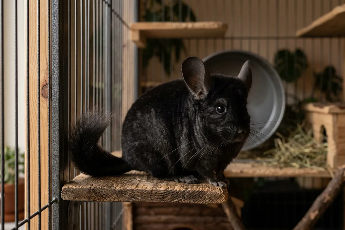 A dark ebony black chinchilla on a wooden ledge showing charcoal fur that wraps around its belly with no white underside