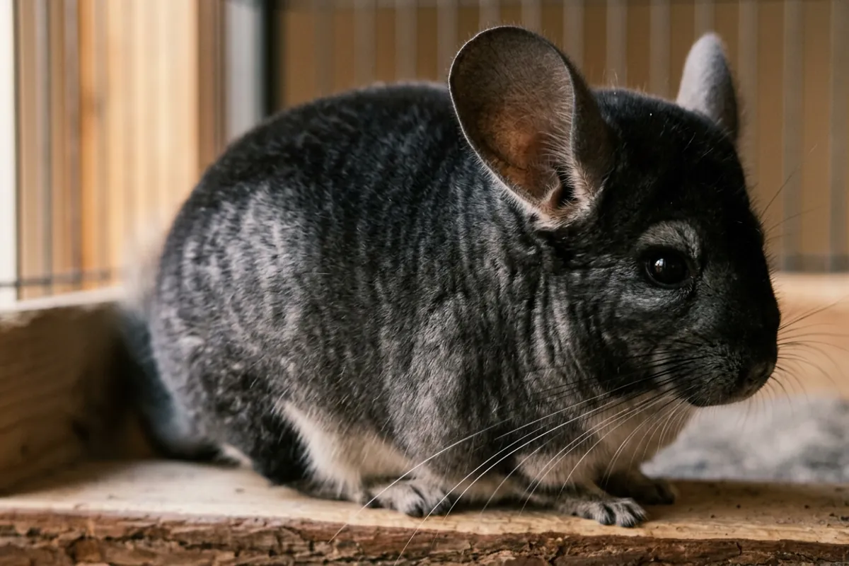Close up of the dark glossy coat of a black pearl chinchilla showing its pearly sheen