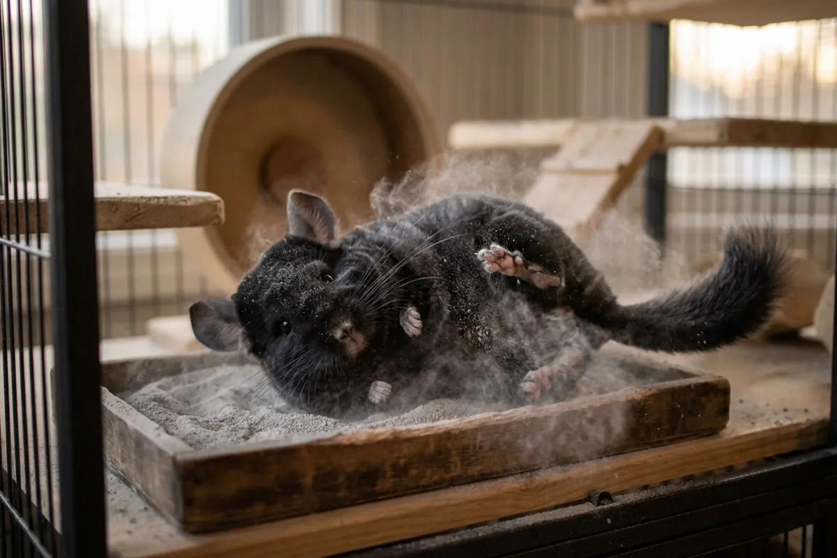 A black pearl chinchilla rolling in fine volcanic dust during a dry dust bath